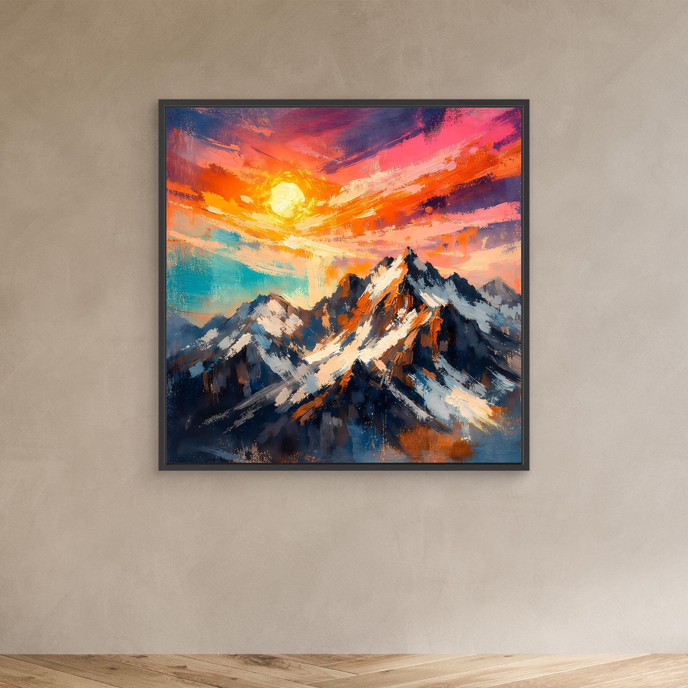 Leinwand Alpenglühen an verschneiten Berggipfeln | Abstraktes Gebirge Wandbild