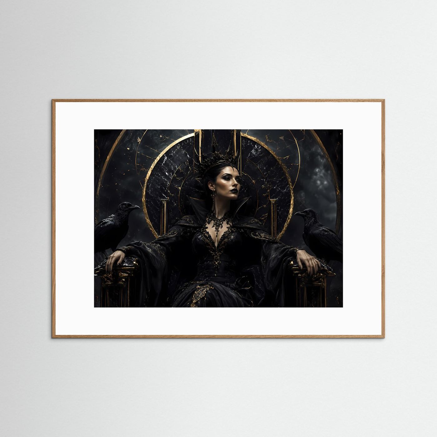 Dunkle Königin auf Marmorthron – Gothic Fantasy Motiv mit Krone & Raben
