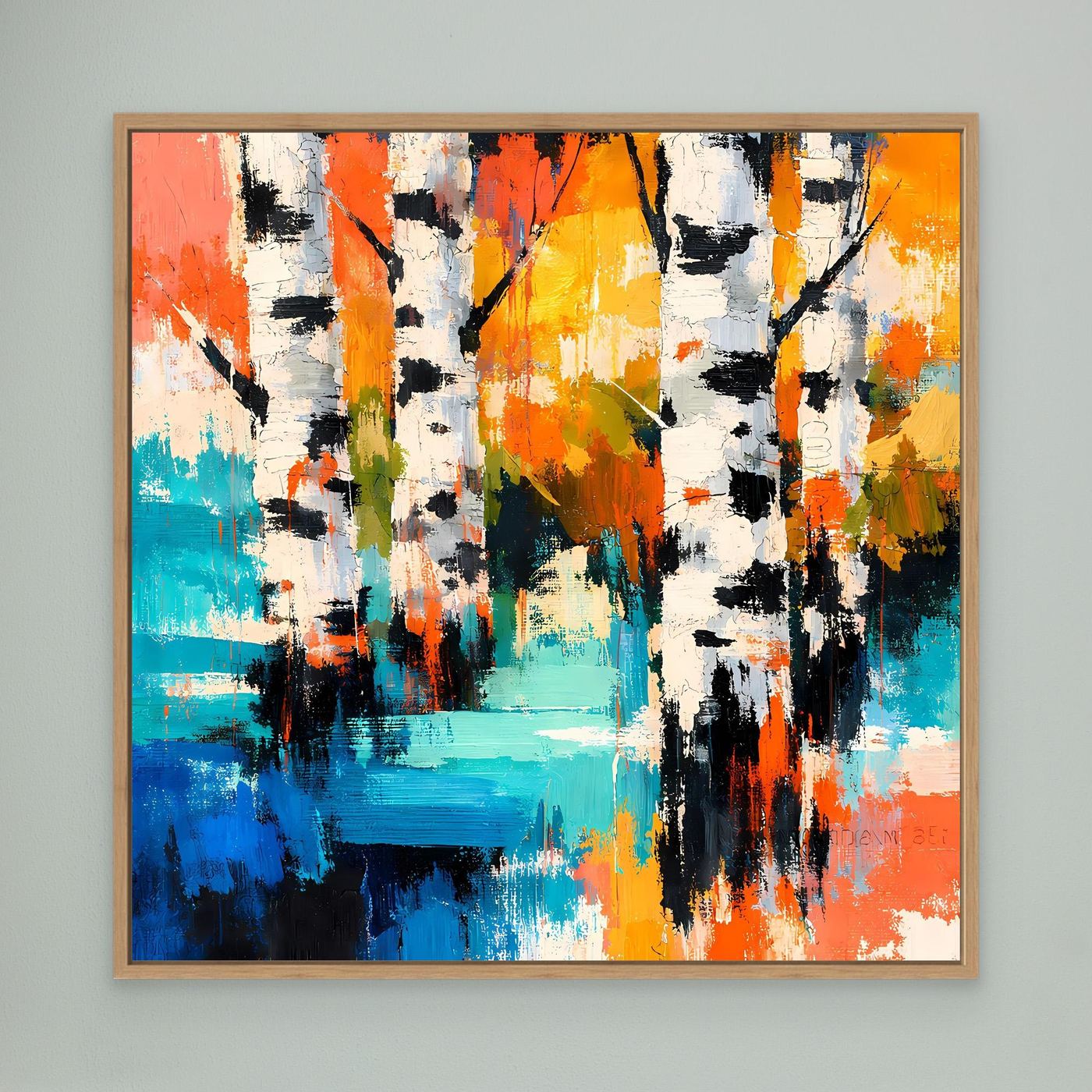Abstract birch tree canvas wall art with oak wood frame and vivid colorful strokes