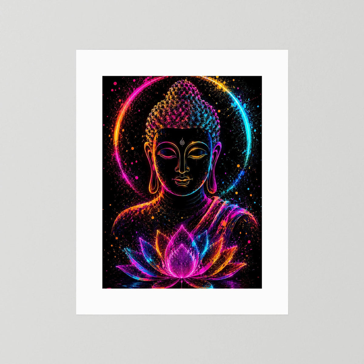 Leuchtendes Buddha-Neonposter mit Lotussymbol, weißer Passepartout