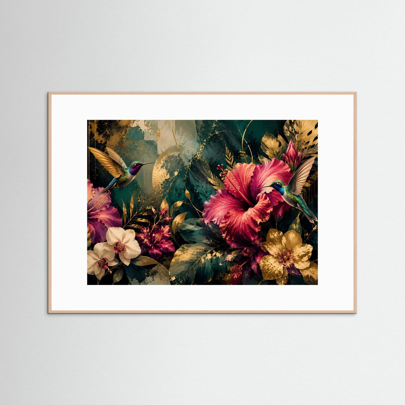 Tropisches Blumenposter mit Kolibri und Orchideen, naturfarbenes Holzrahmen und weißes Passepartout