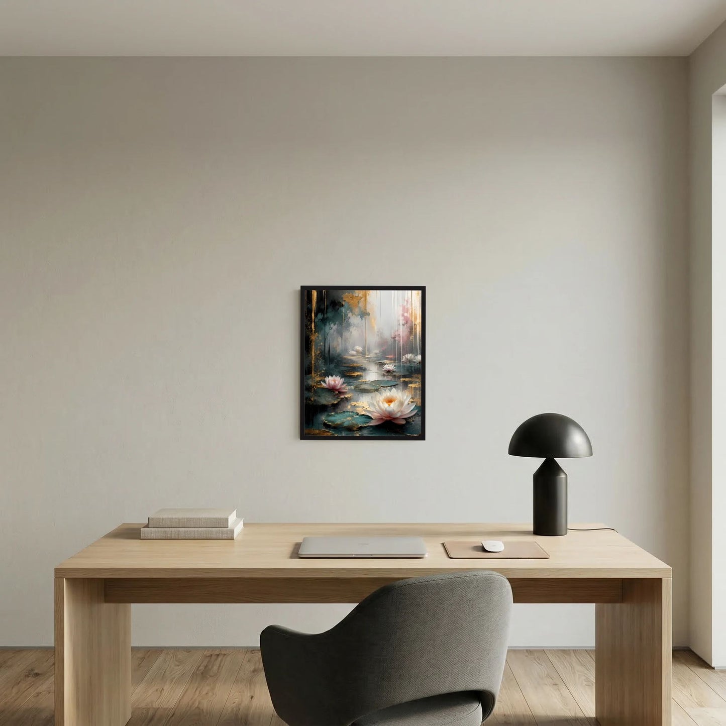 Gerahmtes Poster mit abstrakten Wasserlilien in Weiß und Rosa