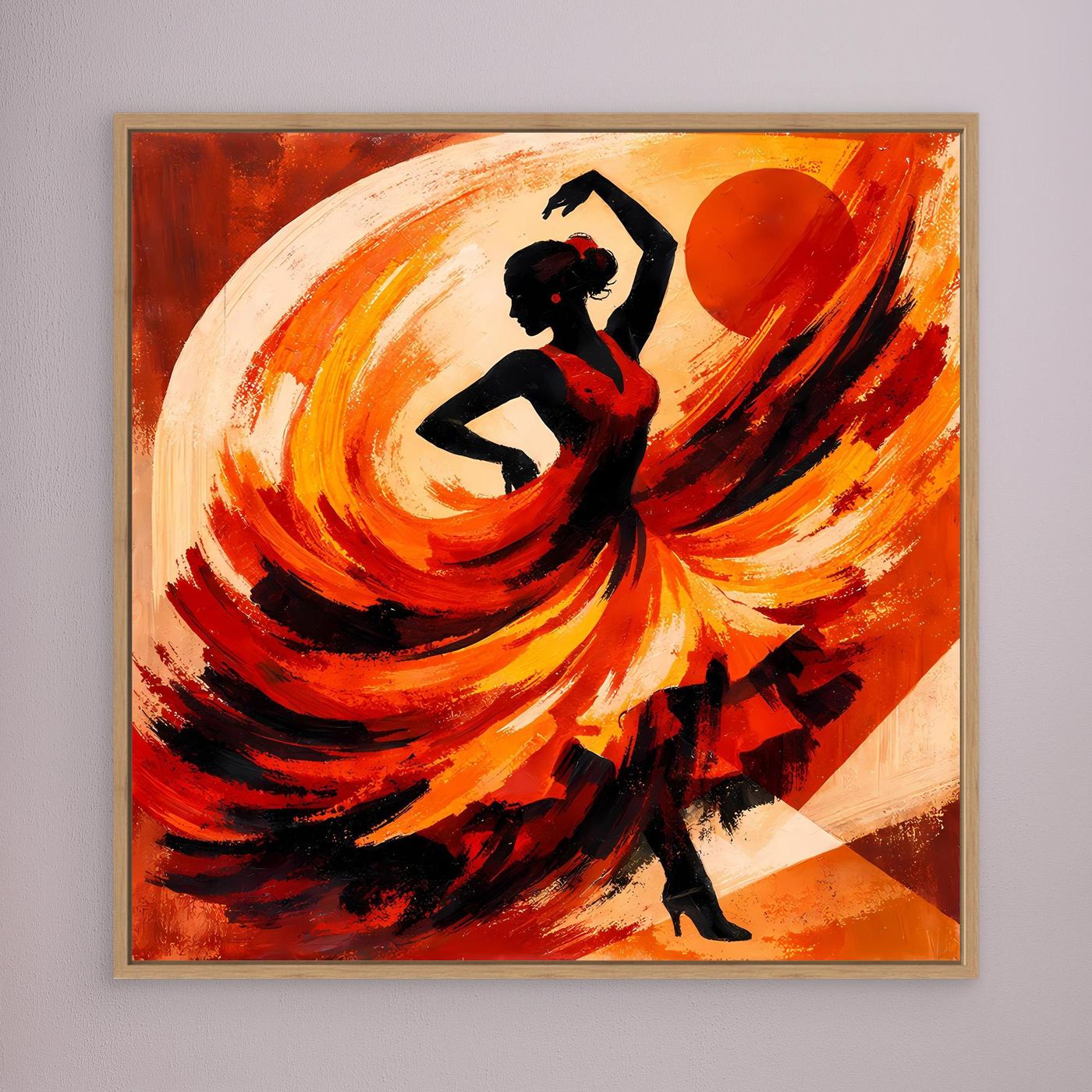 Gerahmtes Leinwandbild mit Flamencotänzerin-Abstraktion in Rot-Orange, schwarzer Silhouette