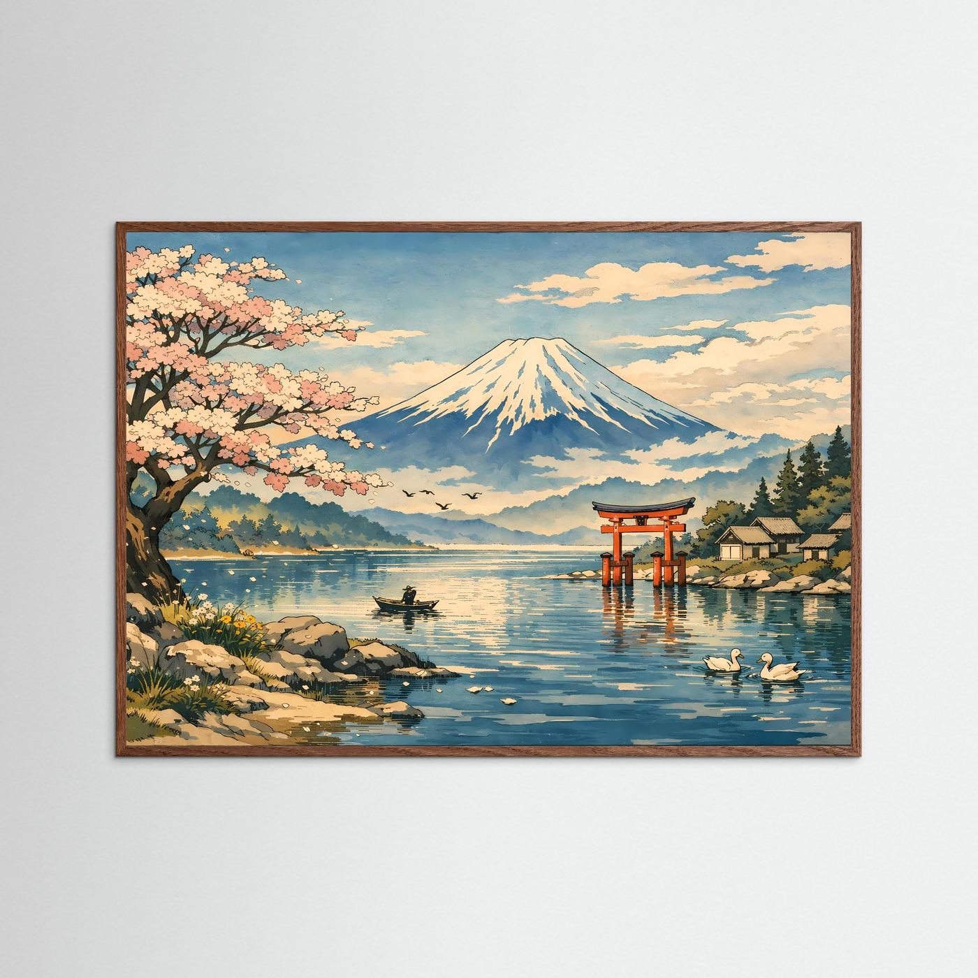 Wandbild-Poster: Mount Fuji über See mit Kirschblütenbaum und Torii, braune Umrandung