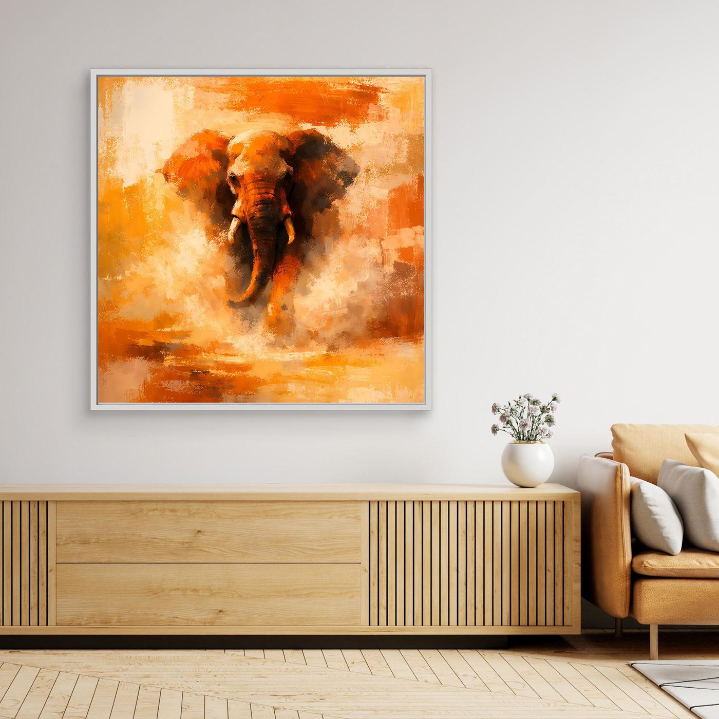 Leinwand Abstraktes Elefanten Gemälde | Modernes Kraftvolles Tier Wandbild Orange Ocker