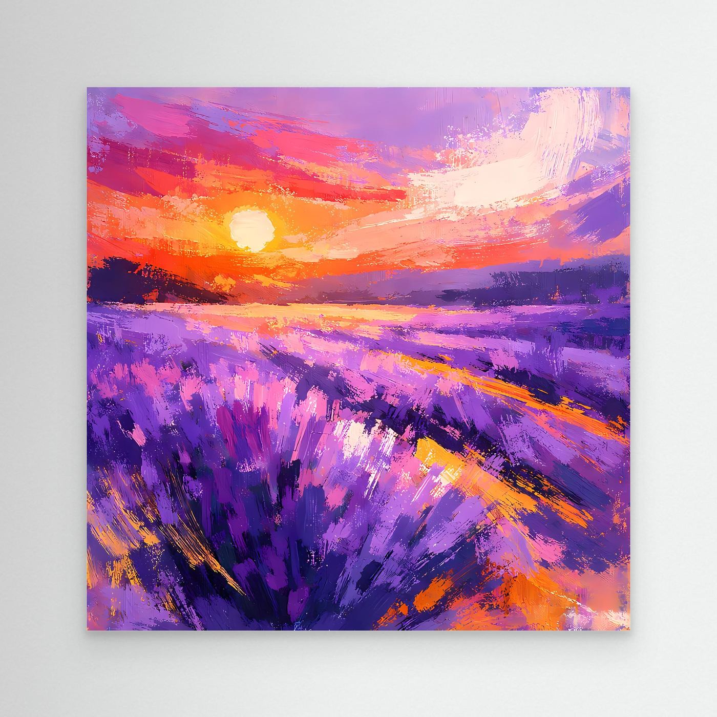 Abstract lavender field sunset canvas wall art with purple and orange brushstrokes