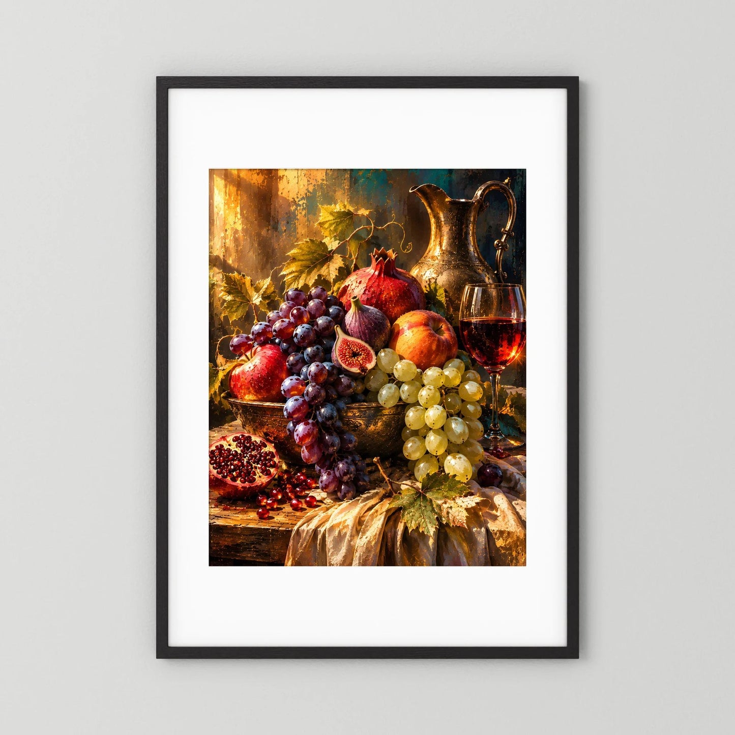 Poster mit Trauben, Feigen, Granatapfel und Wein, schwarz gerahmt mit weißem Rand.