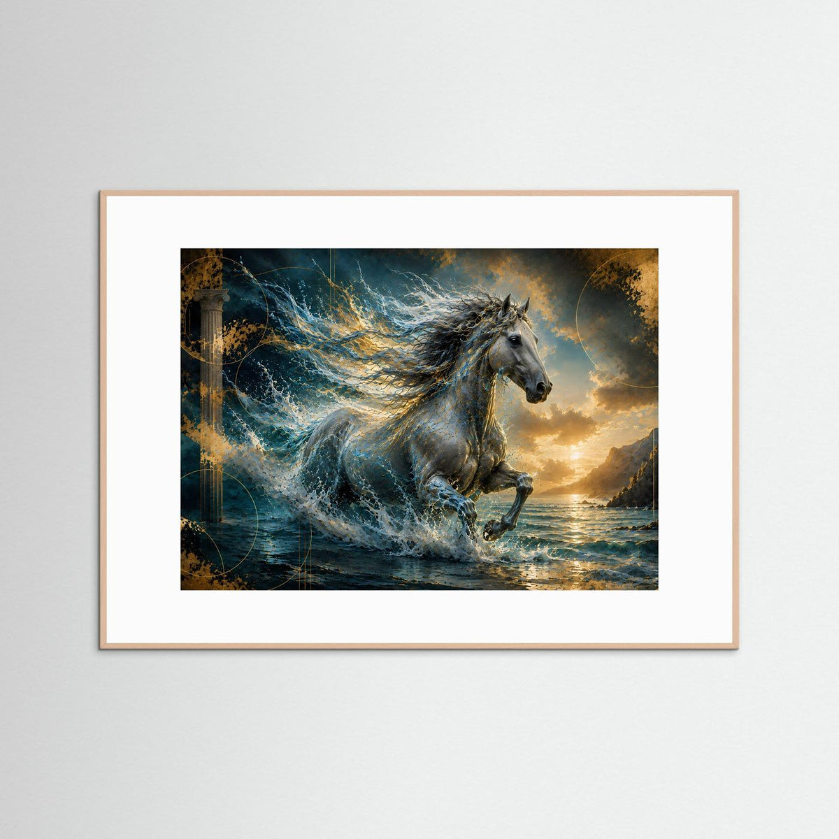 Querformat-Poster mit Pferd im Meer, Wellen und goldenen Akzenten, heller Holzrahmen