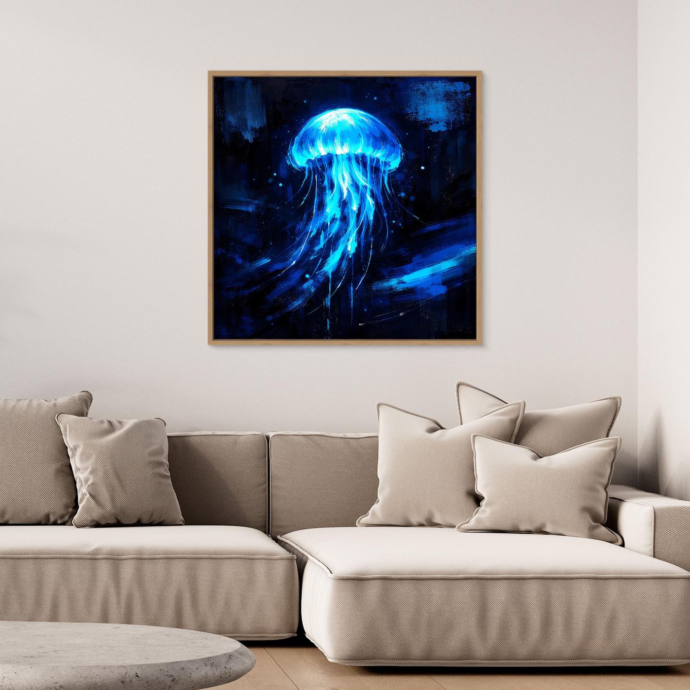 Leinwand Leuchtende Qualle im Tiefsee-Ozean | Abstraktes Biolumineszenz Wandbild