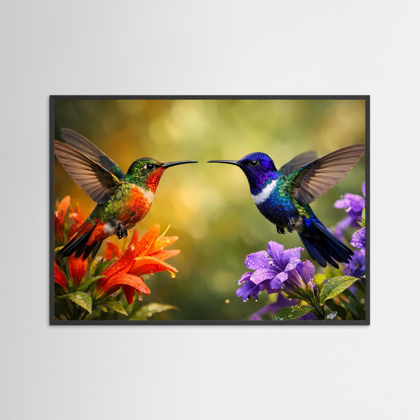 Panorama-Poster mit zwei Kolibris und Blüten, Querformat, schwarzer Holzrahmen