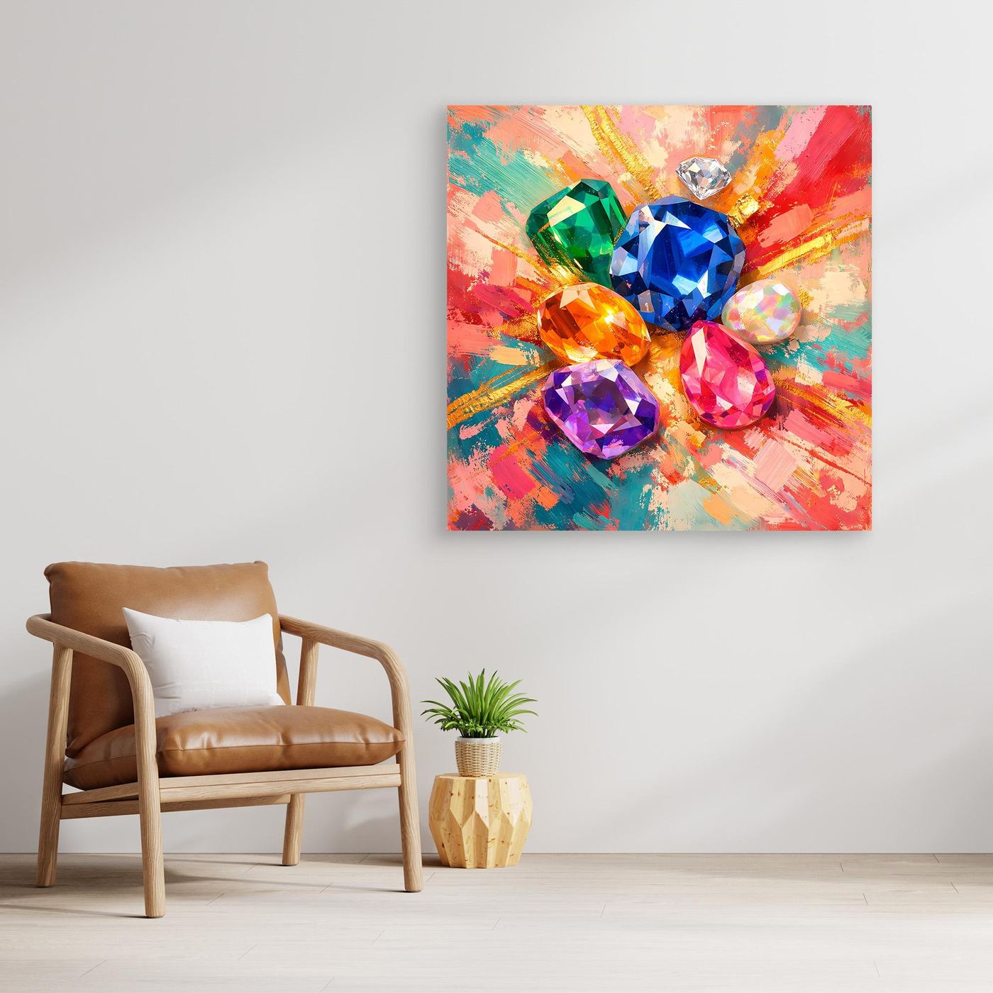 Gerahmtes Leinwandbild mit Kristallbild: bunte Edelsteine, orangefarbener Hintergrund-Look