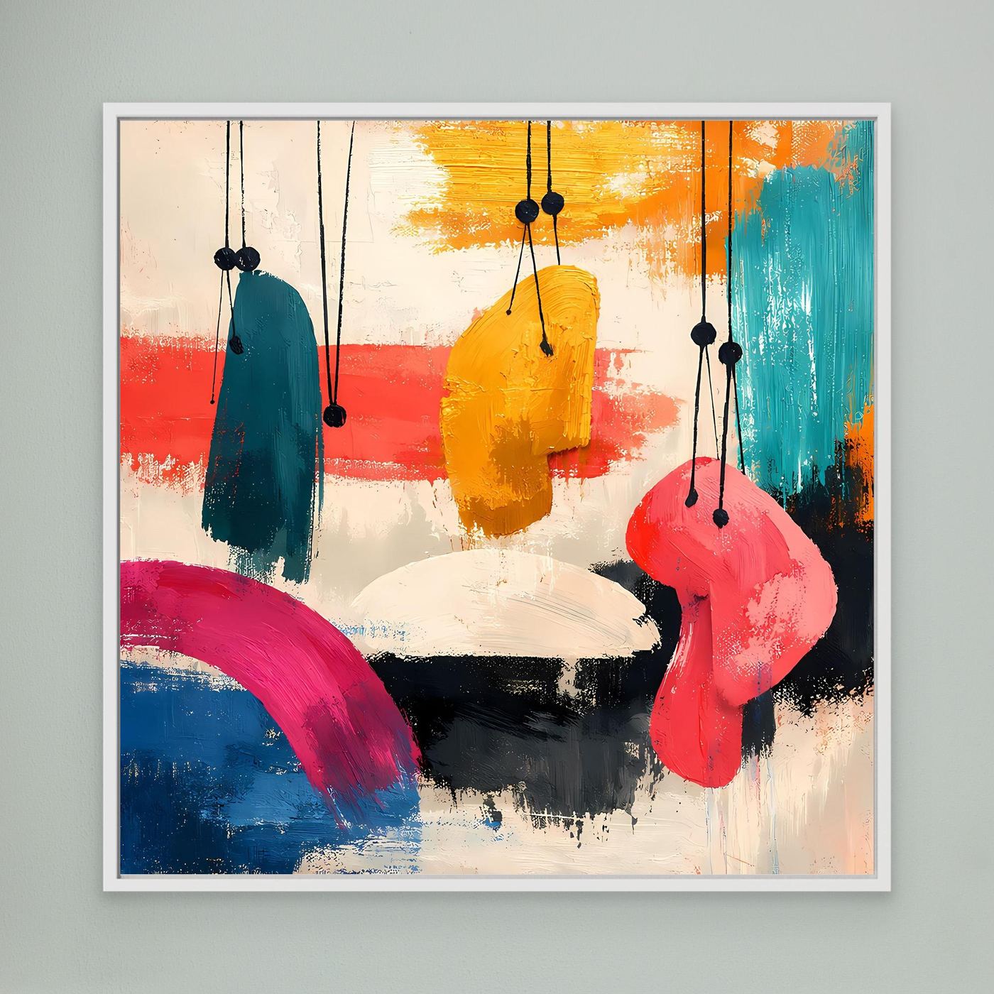 White-framed abstract wall art with hanging organic shapes in teal, yellow, pink, blue