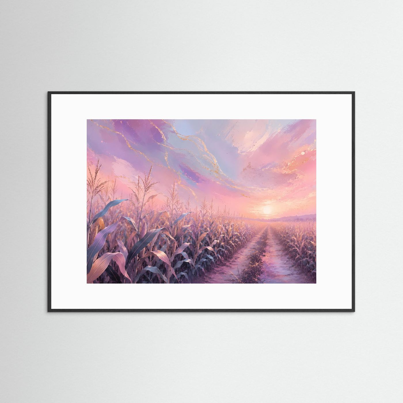 Pastellfarbenes Maisfeld im Sonnenaufgang | Romantisches Landschafts Poster Querformat