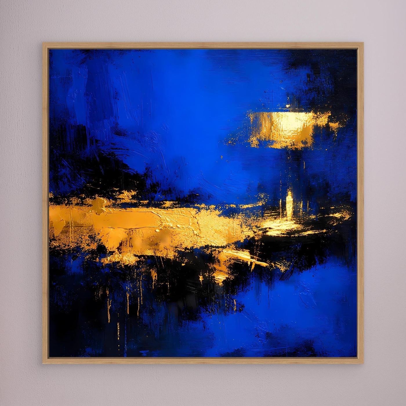 Leinwand Abstrakte Meereslandschaft bei Nacht | Modernes Küsten Wandbild in Blau und Gold