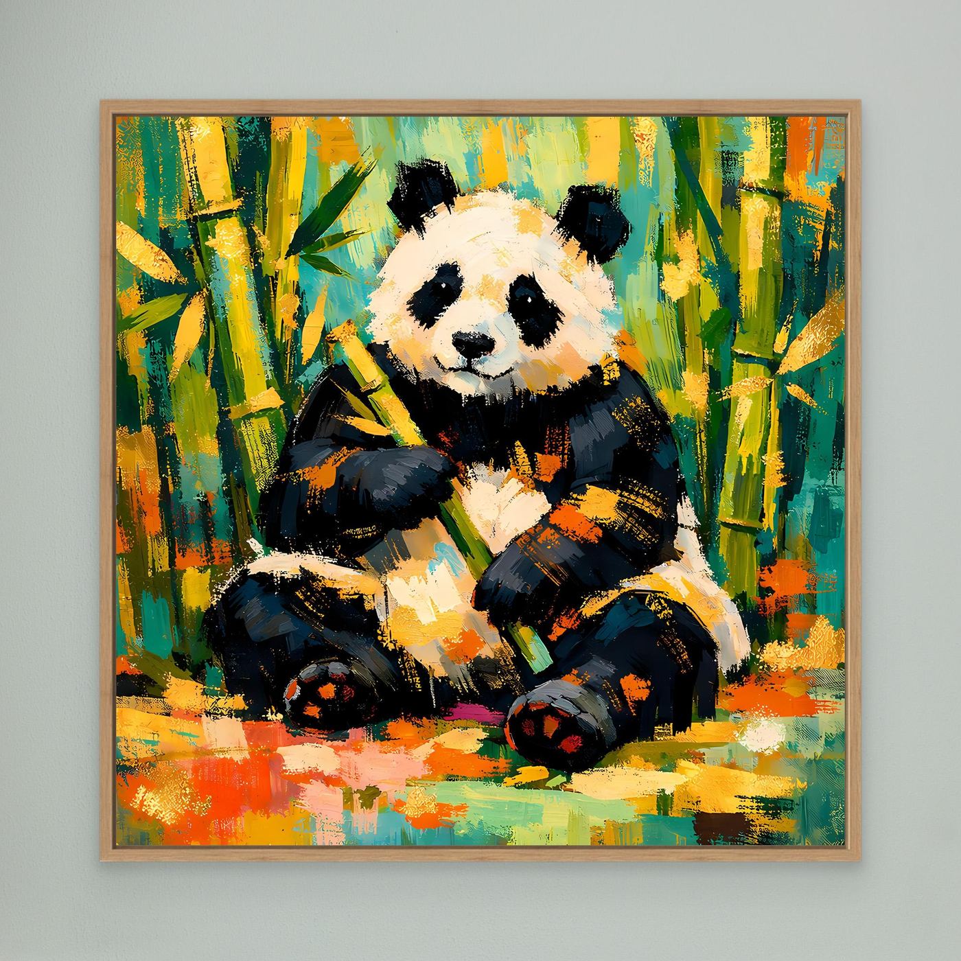 Leinwandbild mit sitzendem Panda im Bambuswald, abstraktes Tierbild, Eichenrahmen