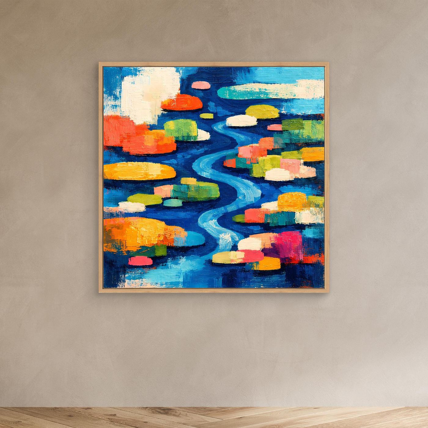 Abstraktes Leinwand-Wandbild mit Flusslauf und bunten Seerosen, goldener Rahmen