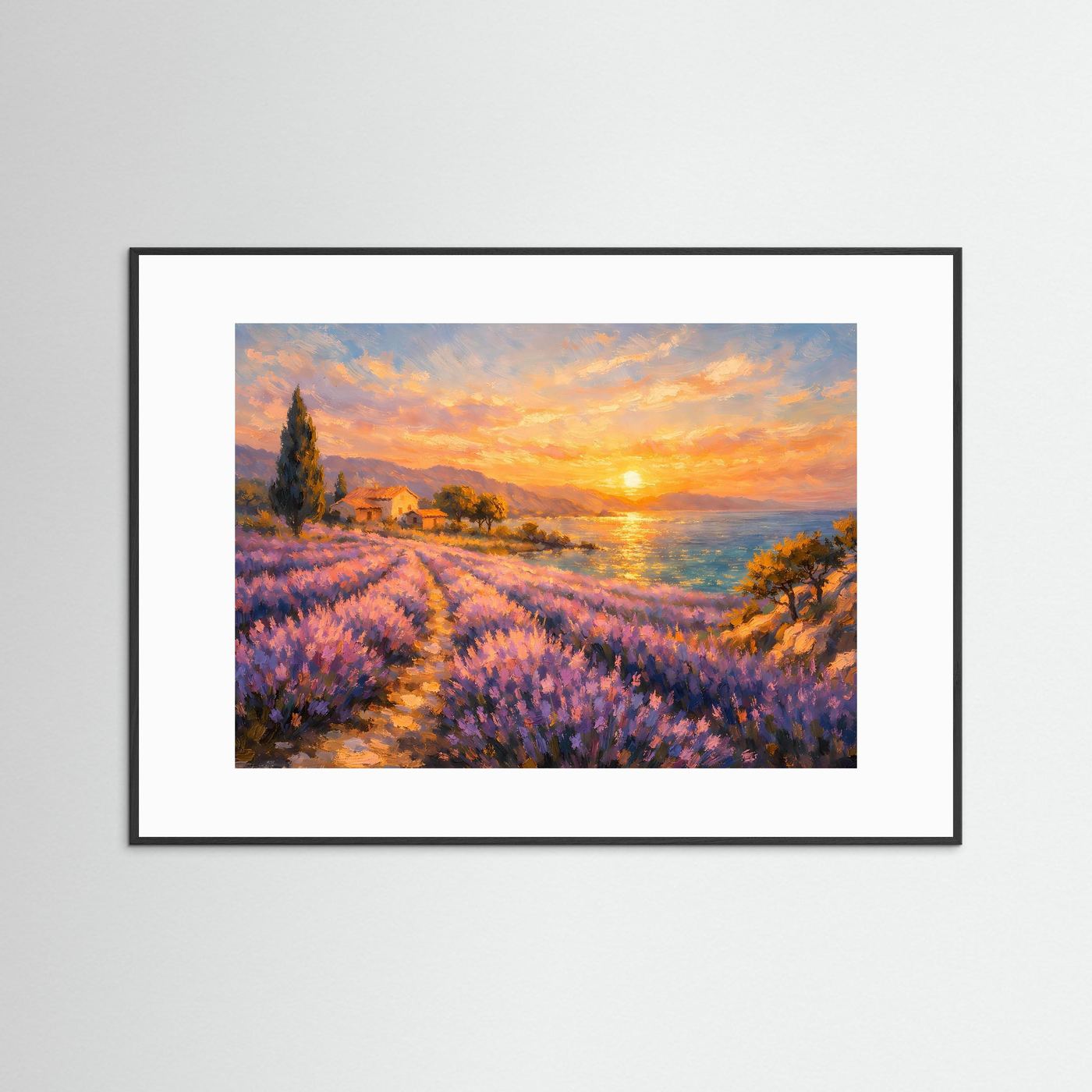 Malerisches Lavendelfeld am Meer bei Sonnenuntergang | Provence Landschaft Wandbild & Kunst Poster Querformat