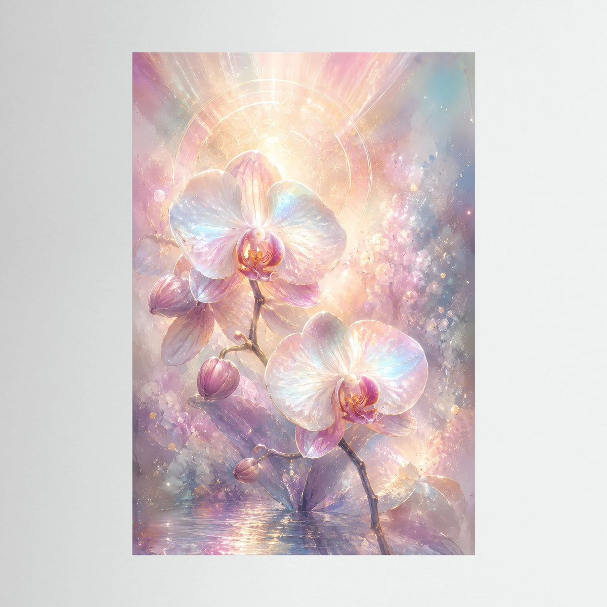 Hochformatiges Orchideenposter: pastellfarbene Orchideenblüten mit leuchtenden Lichtmustern