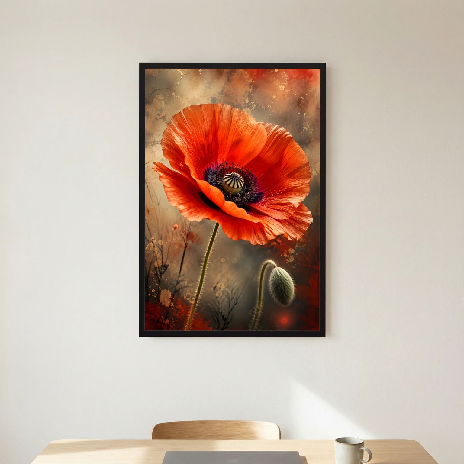 Mohnblumen-Poster im Hochformat: rote Blüte mit dunkler Narbe, schwarzer Rahmen