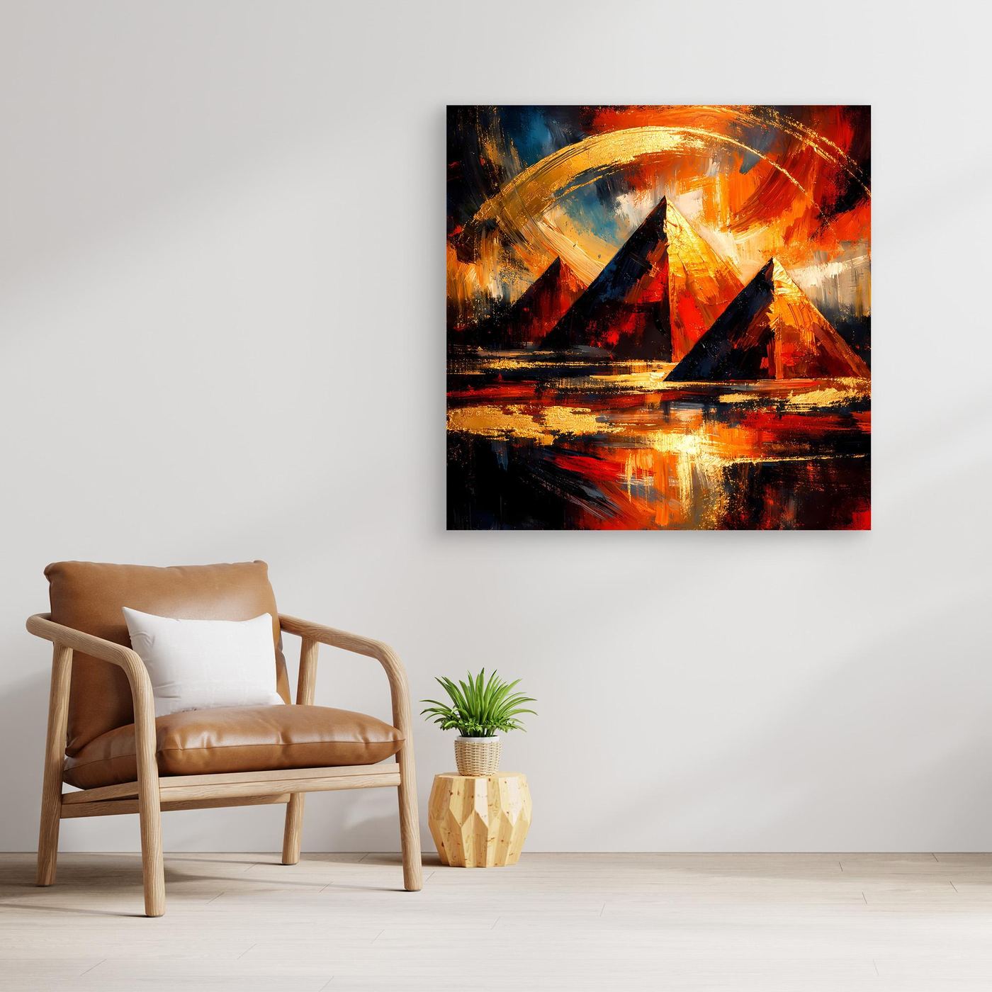 Leinwandbild mit Pyramidenmotiv in Gold, Rot und Blau, mit braunem Rahmen
