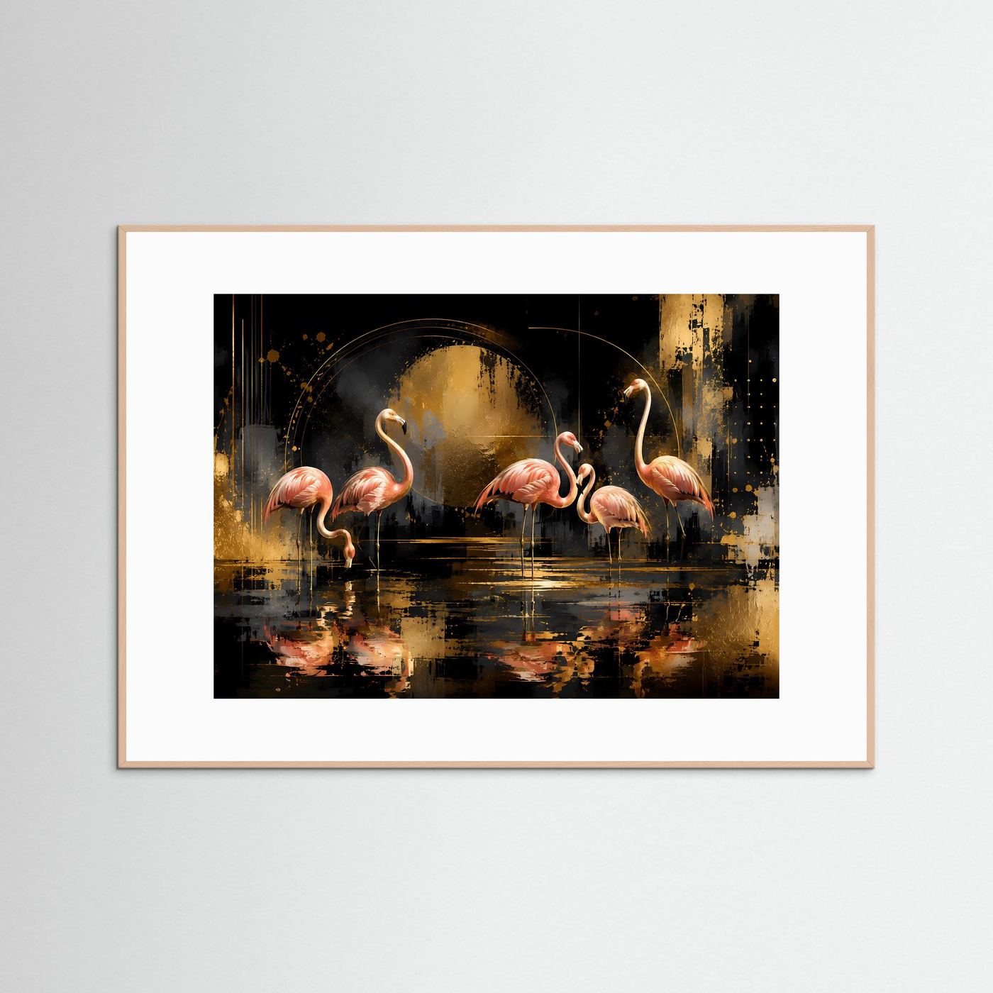 Poster Querformat: abstrakte Flamingos in Rosa/Schwarz/Gold, helles Holz gerahmt