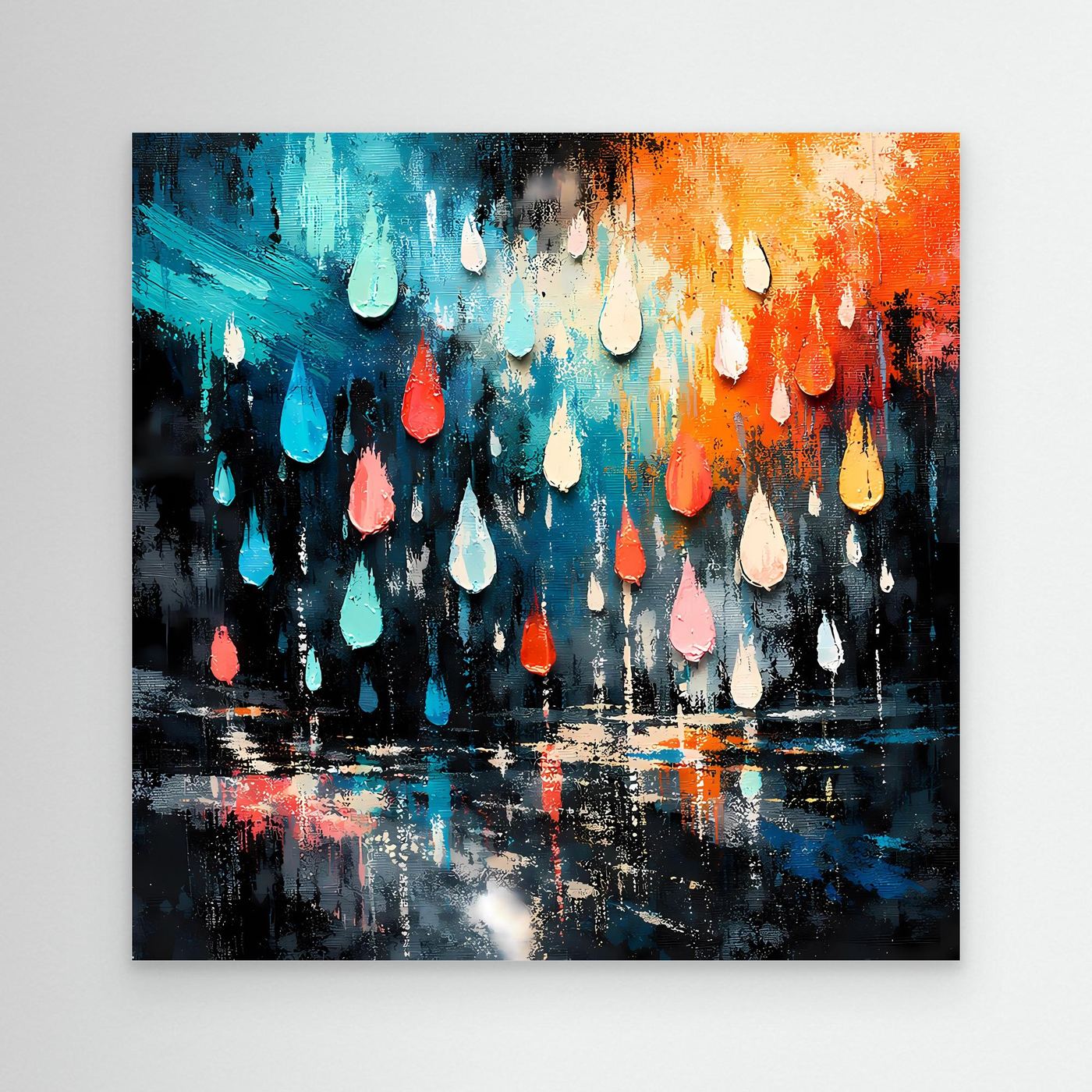 Abstraktes Wandbild mit farbigen Tropfen, türkis, orange, rosa auf dunklem Untergrund.