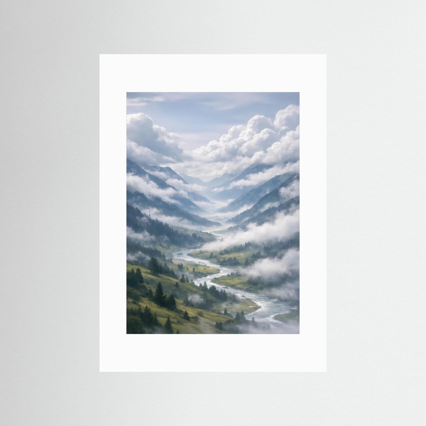 Hochformatiges Berglandschaftsposter mit Fluss und Nebel, mit weißem Passepartout