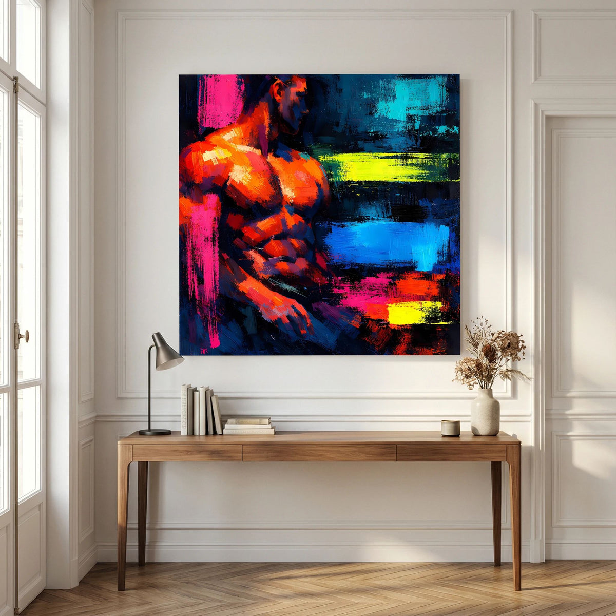 Leinwandbild mit abstraktem männlichem Torso in Neonfarben auf Holzkeilrahmen, Querformat