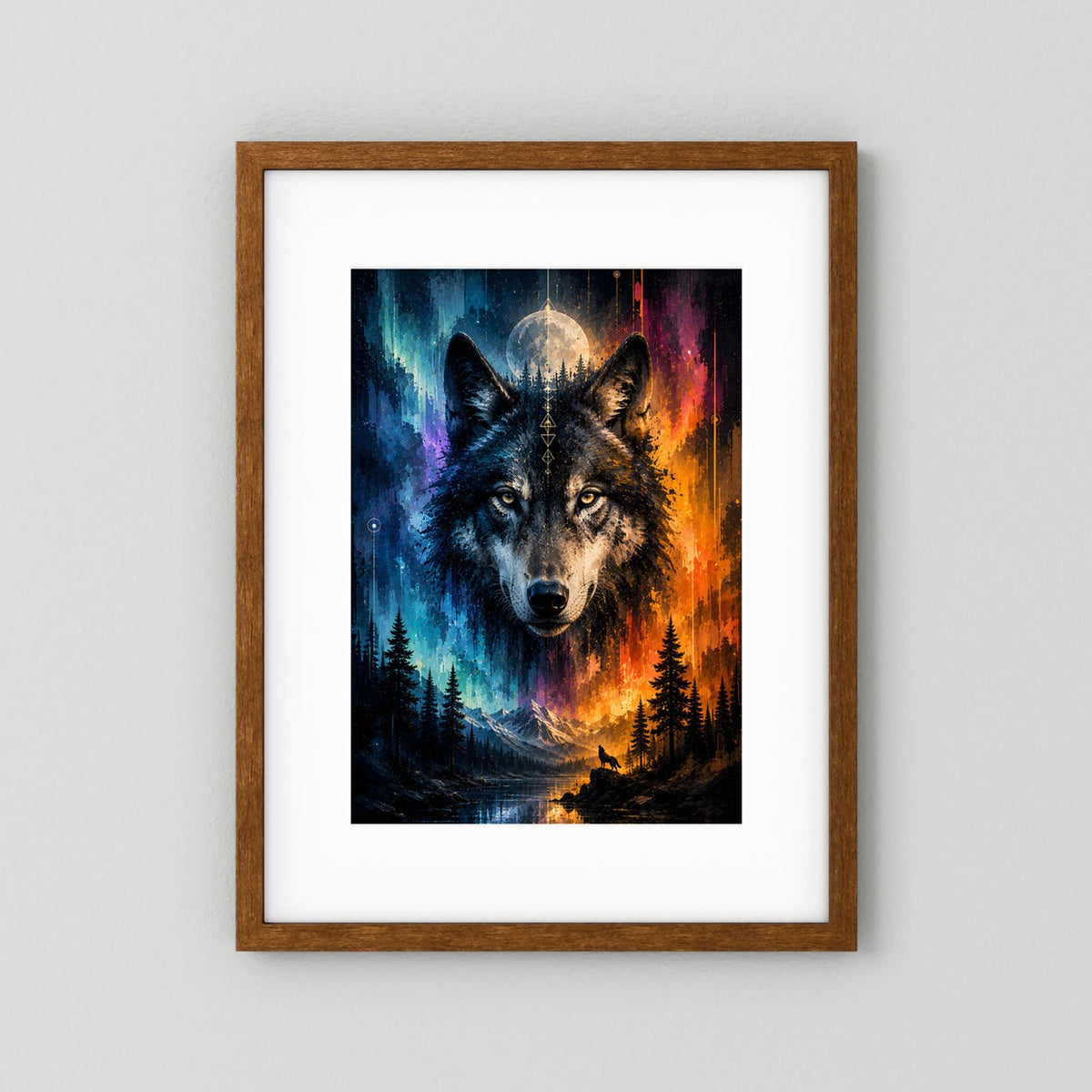 Poster im Hochformat mit zwei Wölfen, Mond und Wald, Blau-Orange, brauner Holzrahmen