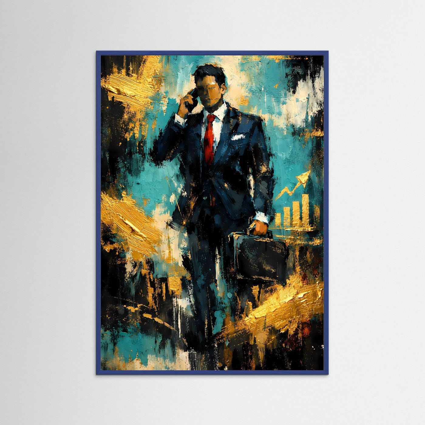 Gerahmtes Kunstposter im Hochformat: abstrakter Geschäftsmann im Anzug mit Aktentasche, Türkis und Gold
