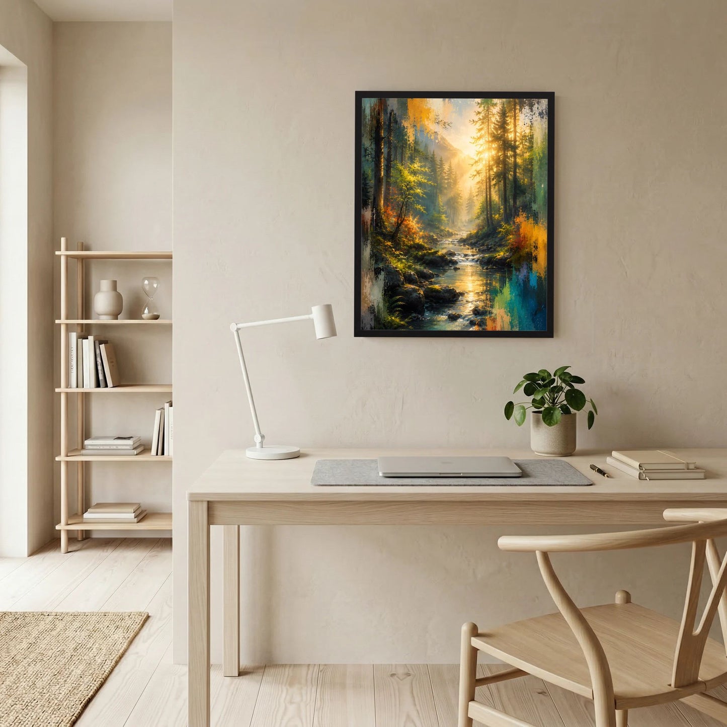 Gerahmtes Kunstposter zeigt Waldweg mit Bach und gelbem Sonnenlicht