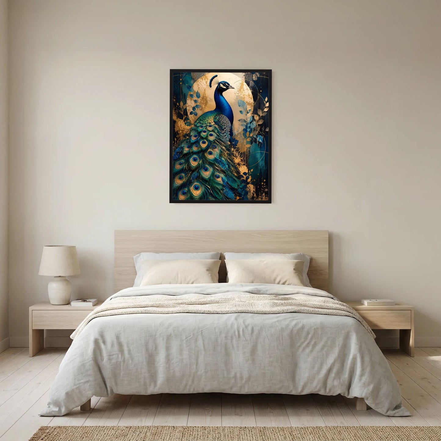 Poster mit Pfau-Motiv in Blau und Gold, mit schwarzem Rahmen