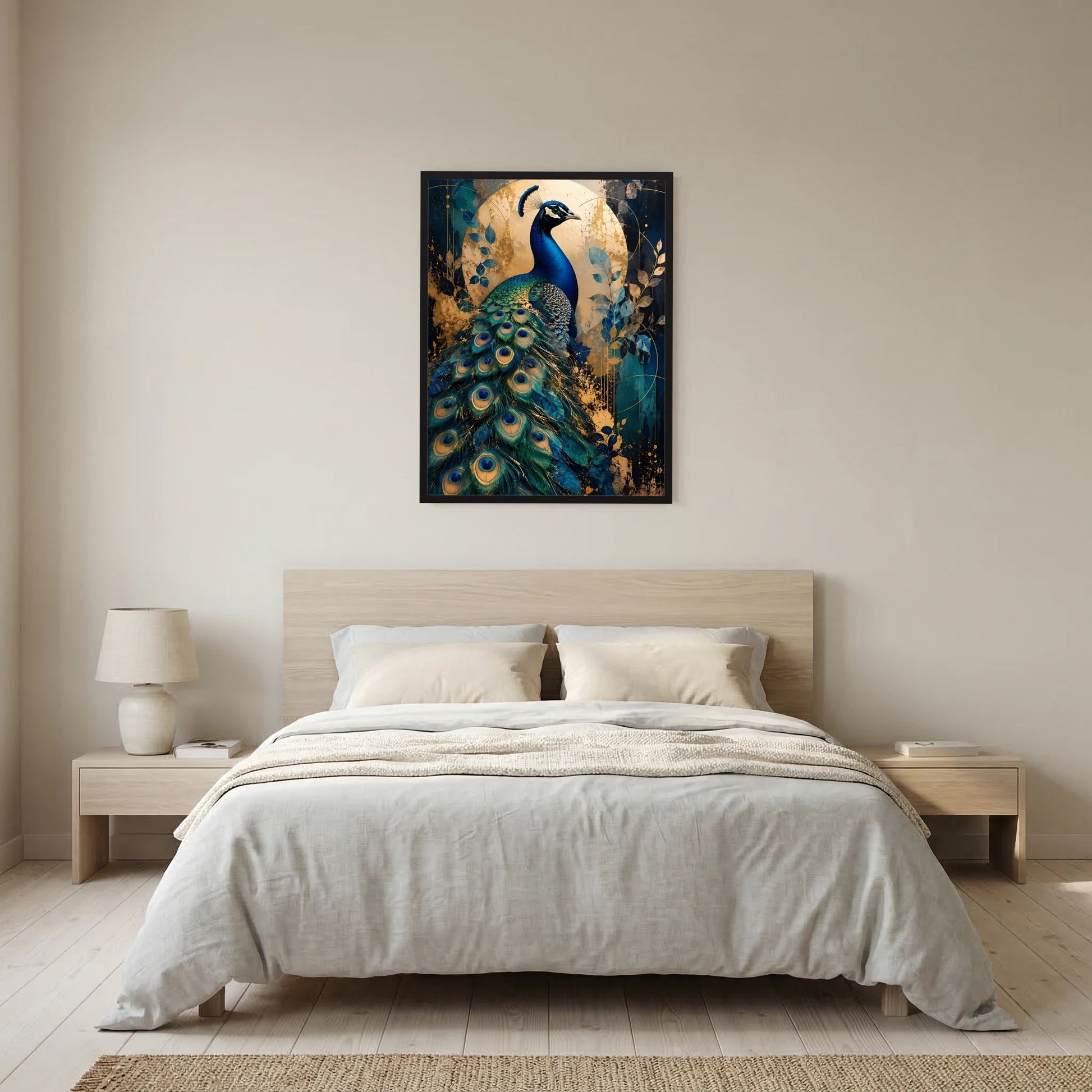 Poster mit Pfau-Motiv in Blau und Gold, mit schwarzem Rahmen