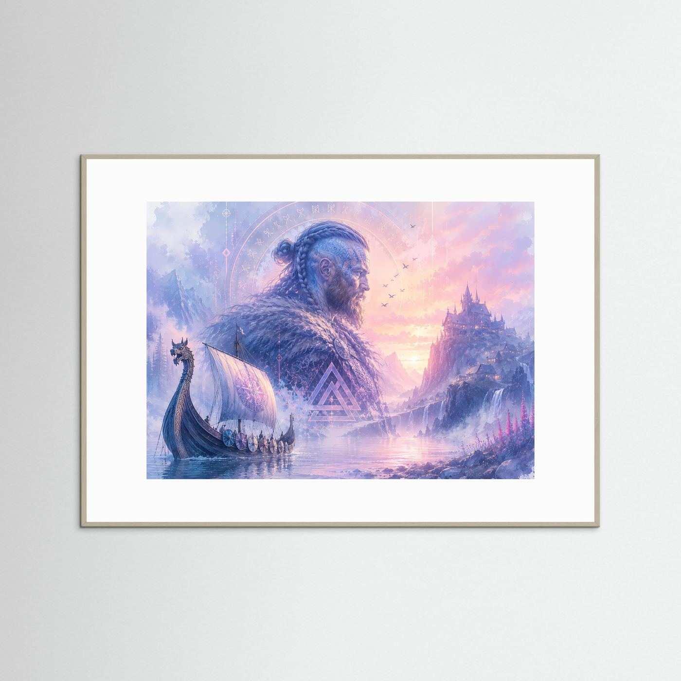 Mystischer Wikinger vor Nordischer Burg | Fantasy Viking Poster Querformat