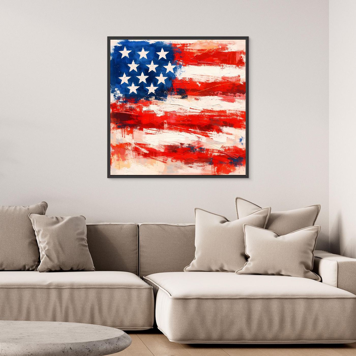 USA flag abstract canvas wall art with black frame; blue stars and red textured strokes