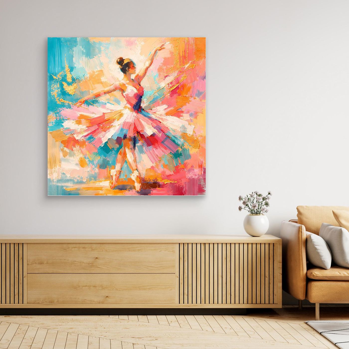 Abstraktes Leinwandbild mit farbenfroher Ballerina im Sprung, ohne sichtbaren Rahmen