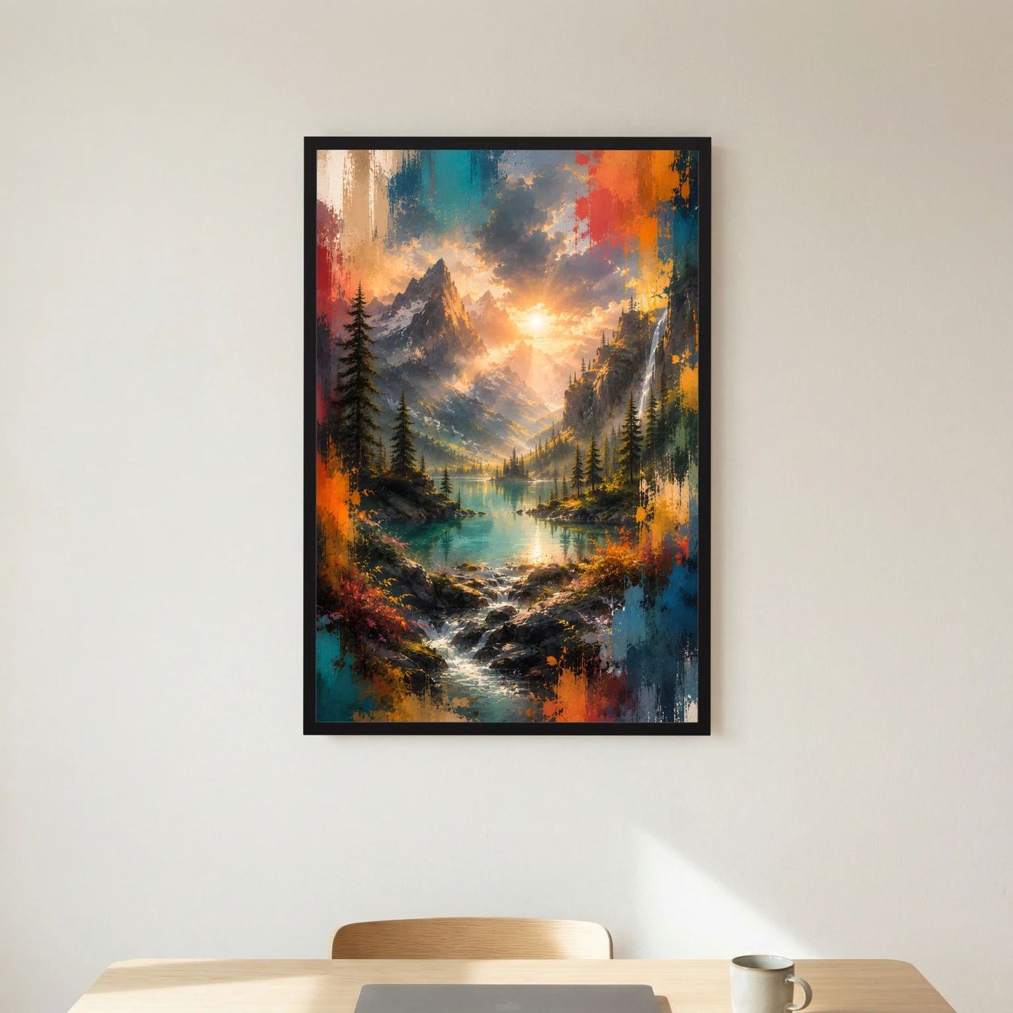 Hochformat-Wandbild mit schwarzem Rahmen und Bergszene mit Sonne über dem Tal