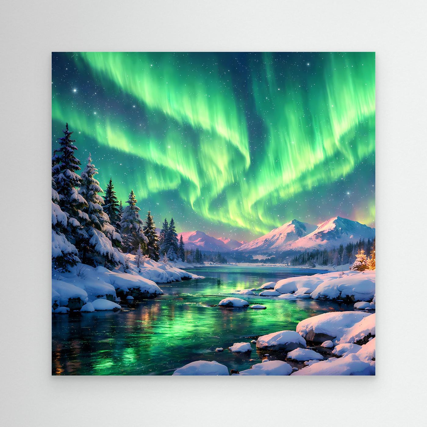 Leinwandbild Magische Polarlichter | Winterliche Polarlicht-Nacht Wandbild auf echtem Holzkeilrahmen