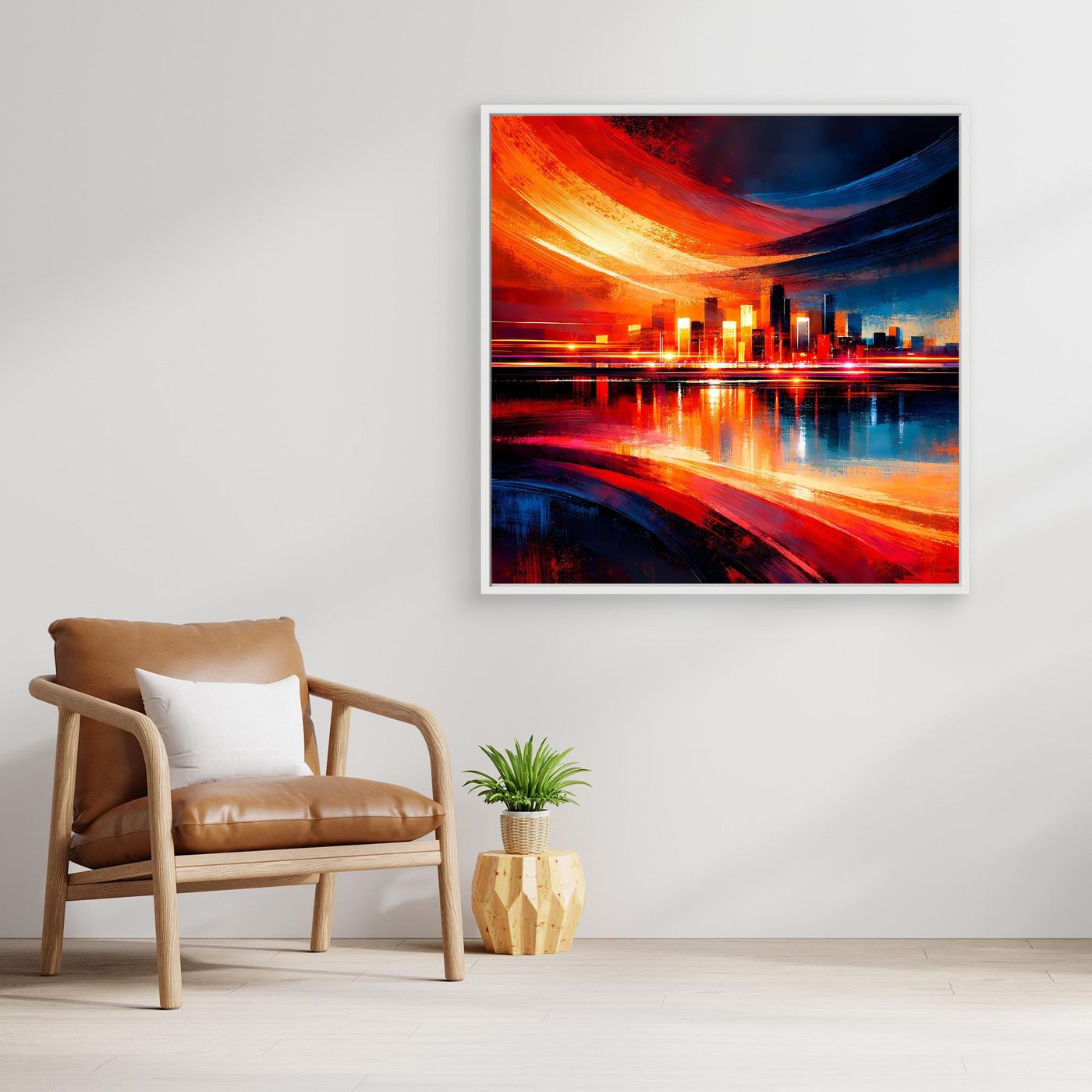Gerahmtes Leinwandbild mit abstrakter Skyline und Lichtspuren in Rot und Blau, schwarzer Rahmen.