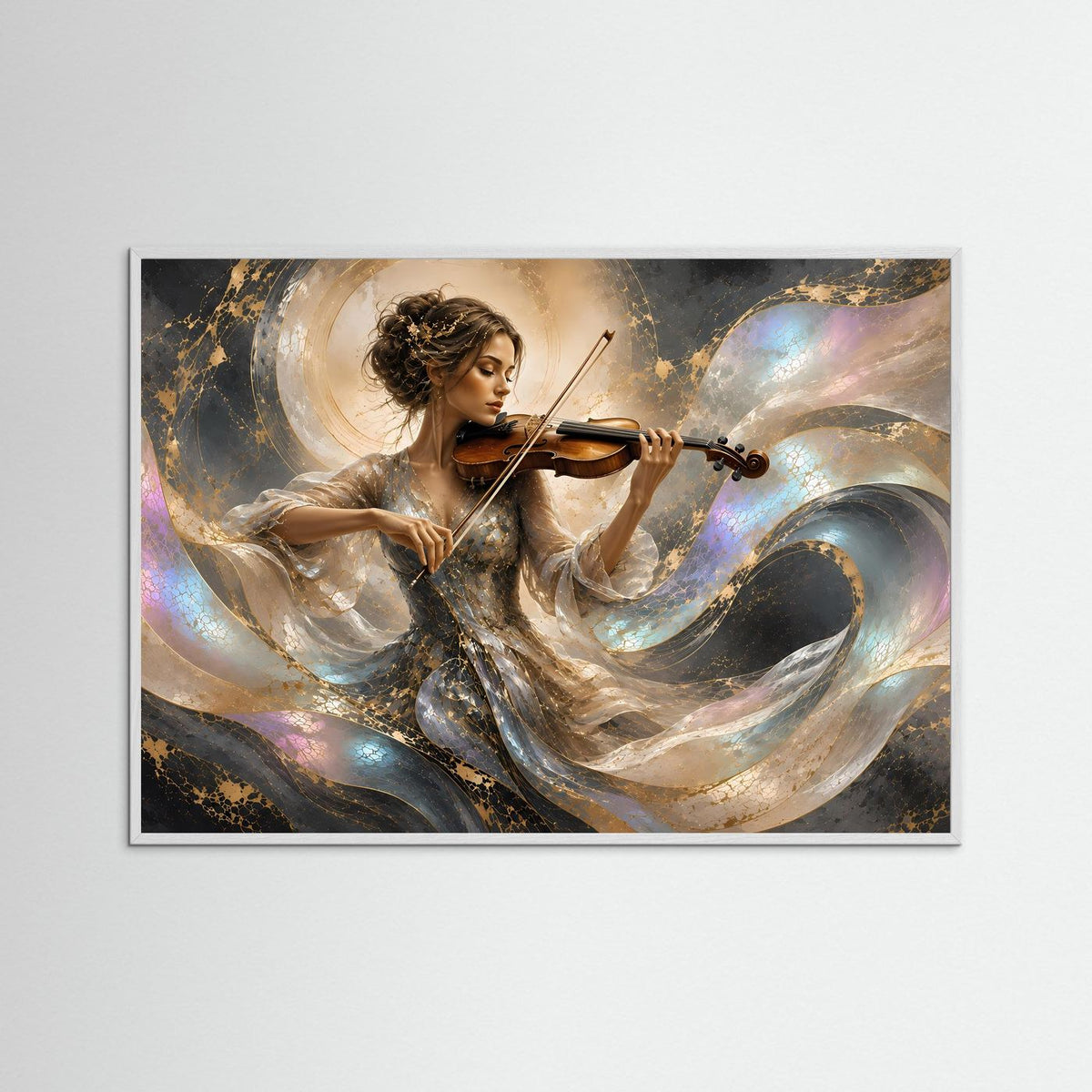 Poster Querformat mit Geigenspielerin und Violine, abstrakte Wellen in Perlmutt und Gold