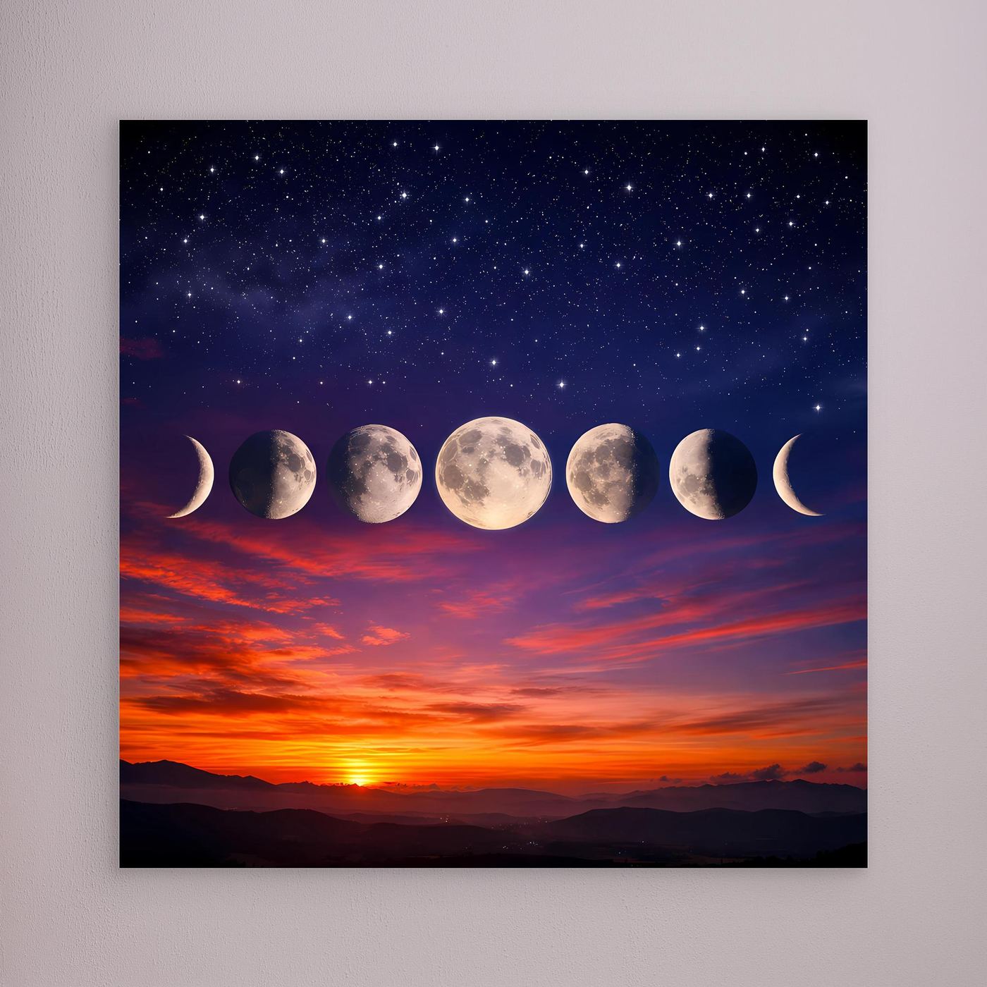 Leinwandbild mit Mondphasen über Sternenhimmel und Sonnenuntergang, ohne auffälligen Rahmen
