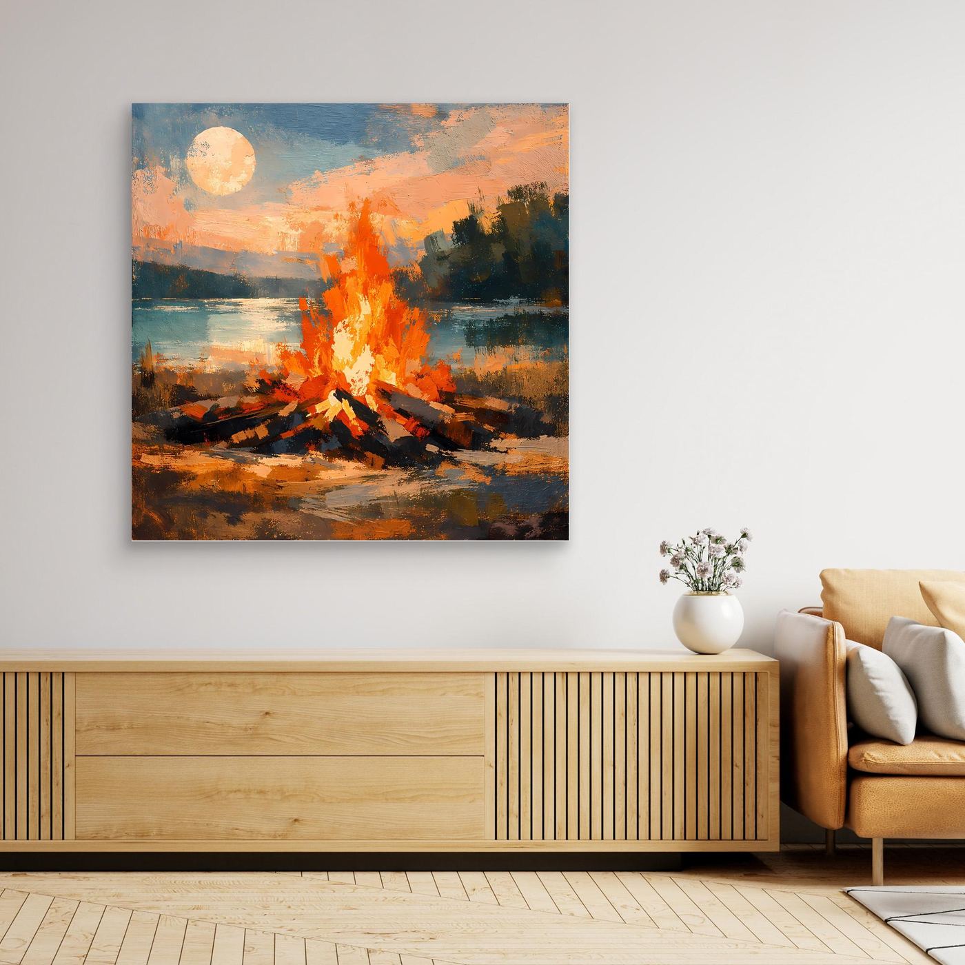 Leinwand-Wandbild mit Lagerfeuer am See, orange Flammen und blauer Mondlandschaft ohne Rahmen