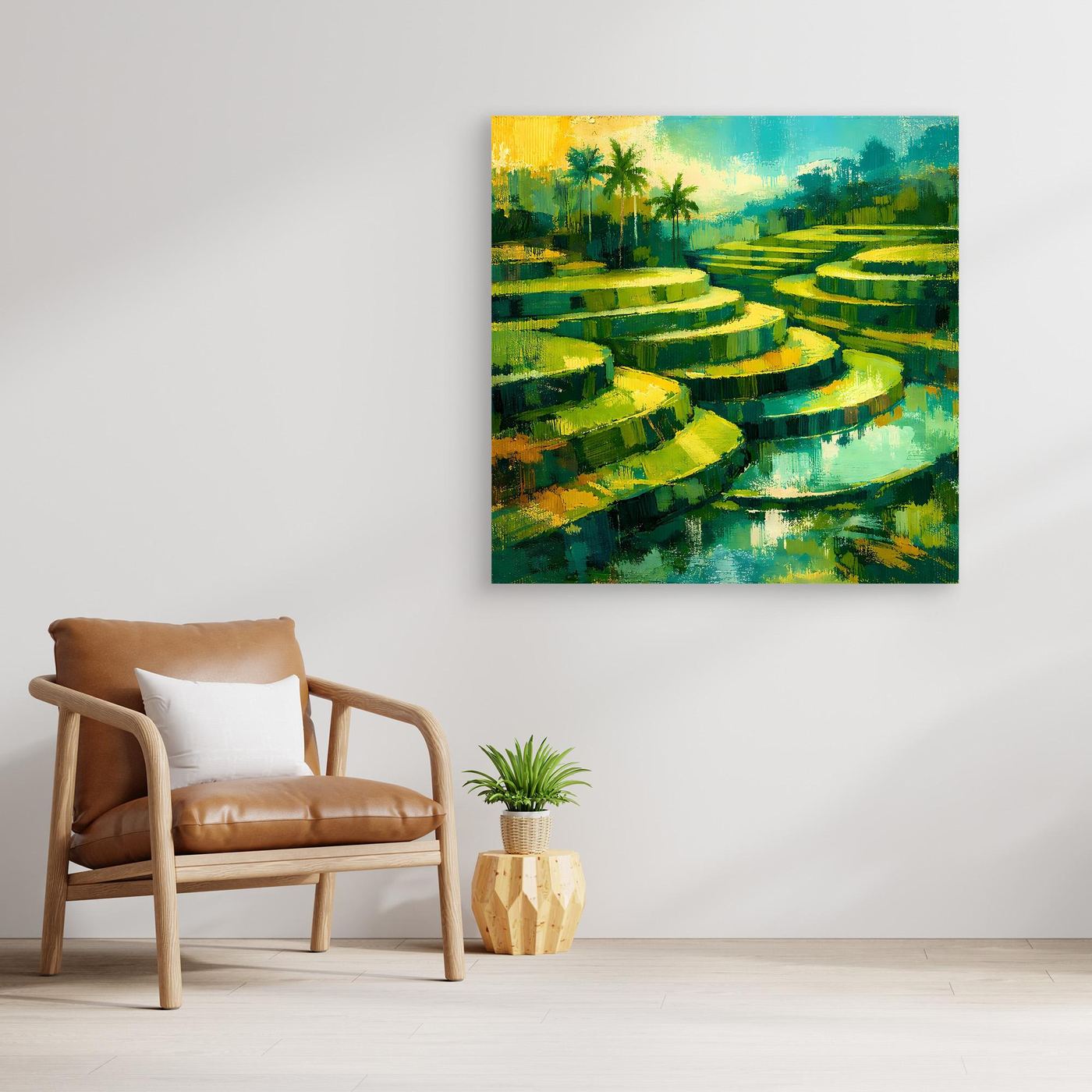 Leinwandbild mit grünen Terrassen und Wasser, tropische Palmen, abstrakt, ohne Rahmen
