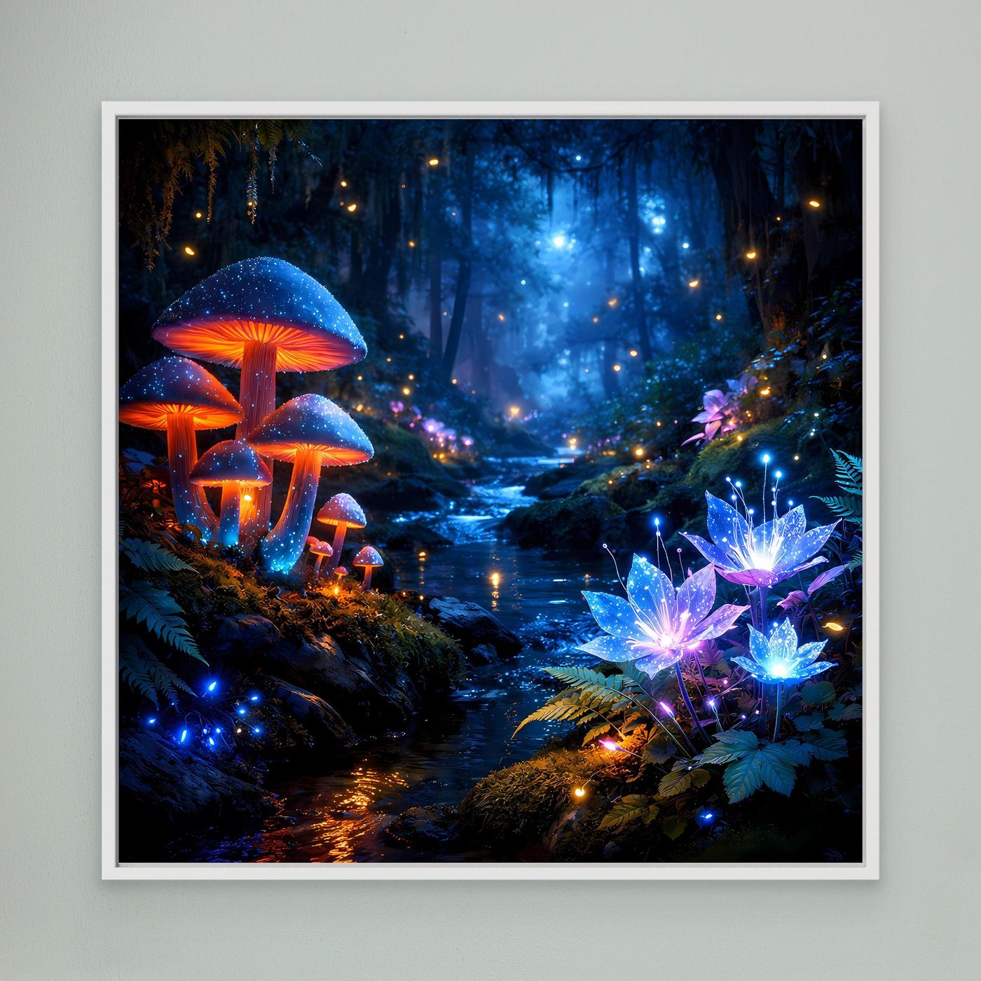 Leinwandbild mit leuchtendem Fantasy-Wald, Pilzen und blauen Lichtakzenten, weiß gerahmt