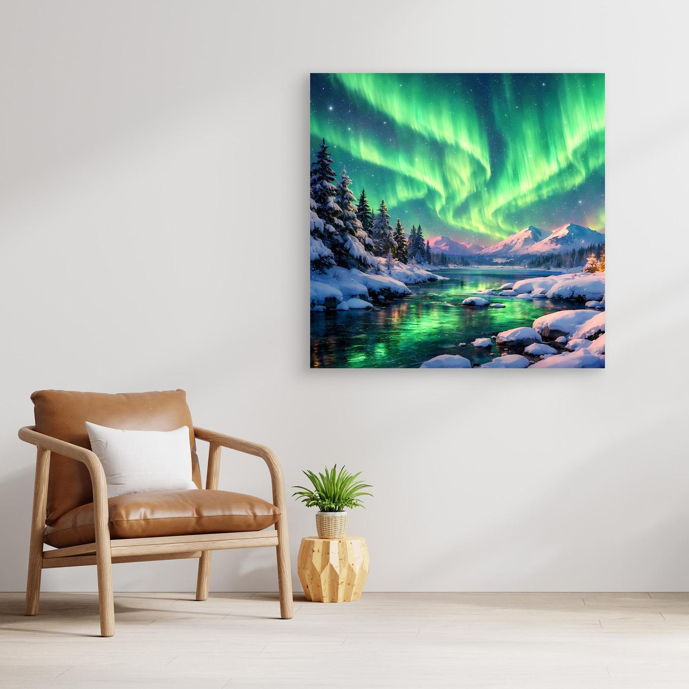 Leinwandbild Magische Polarlichter | Winterliche Polarlicht-Nacht Wandbild auf echtem Holzkeilrahmen