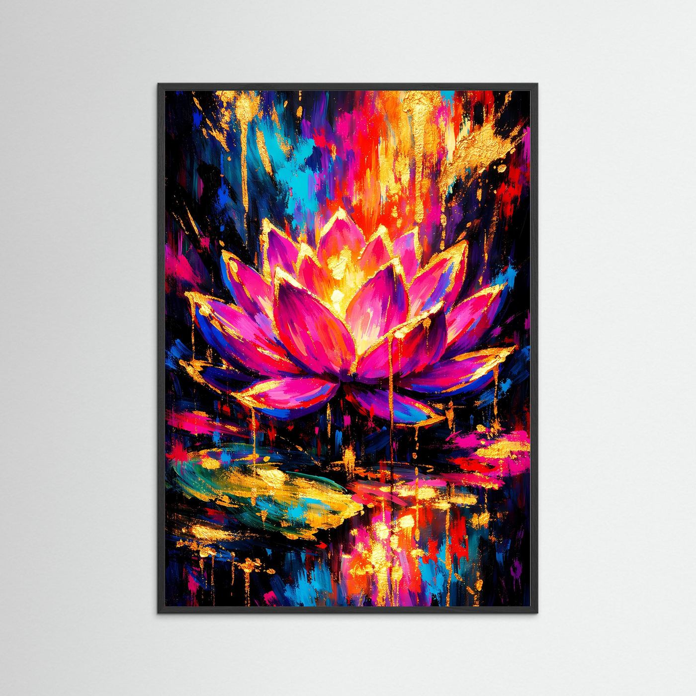 Abstraktes Poster mit Lotusmotiv in Pink, Lila, Blau und Gold im schwarzen Rahmen