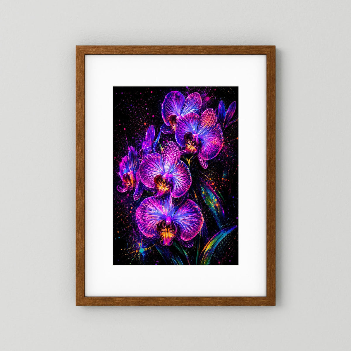 Hochformatiges Blumenposter mit leuchtenden Orchideenblüten in Neon-Pink und Violett, dunkler Holzrahmen