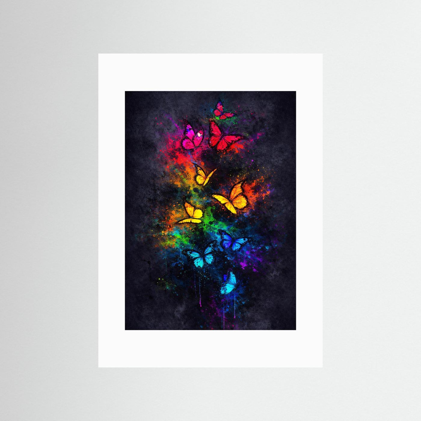 Wandbild mit Schmetterlingen in Regenbogenfarben und weißem Passepartout