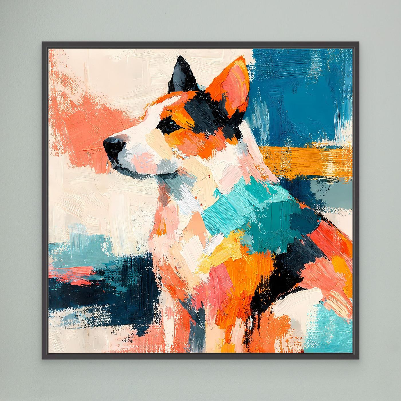 Leinwandbild mit schwarzem Rahmen: abstrakter Hund im Pop-Art-Stil, farbenfroh