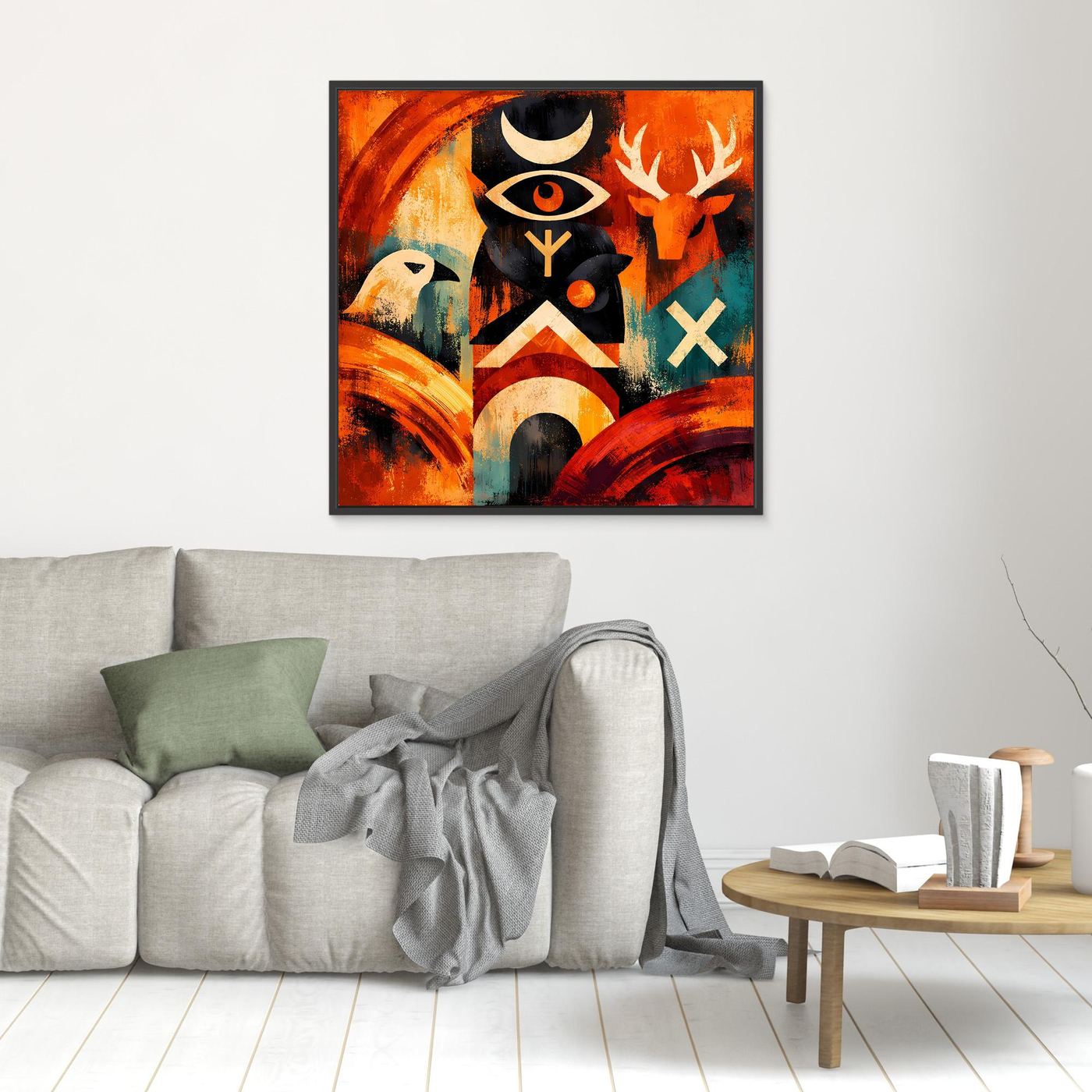Quadratisches Leinwandbild mit Totem-Symbolen und Runen, im schwarzen Rahmen